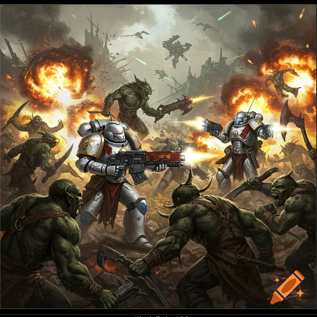 Space marines battling beastmen in a fiery warzone.