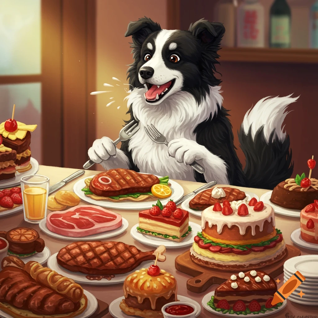 An image of a border collie eating at a large buffet of steaks, cakes, and other food, with stylized burp lines.