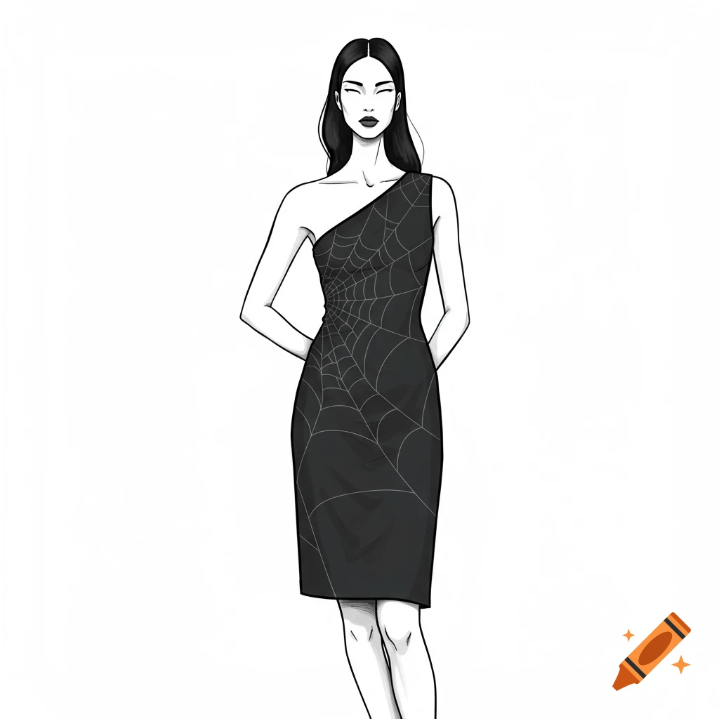 Minimalist fashion illustration of a woman in a black one-shoulder dress with a gray spiderweb pattern.