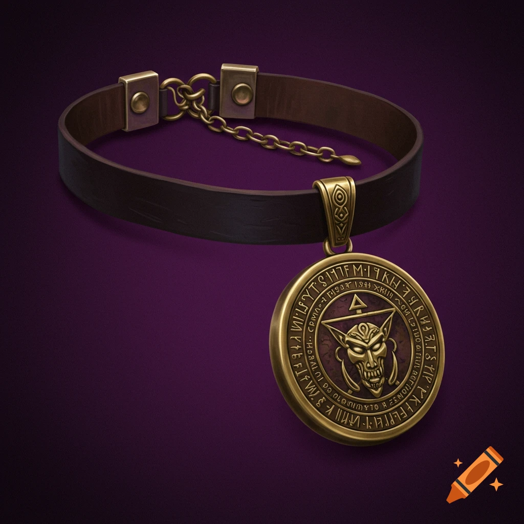A leather choker with a brass pendant featuring a demonic face and mystic symbols.