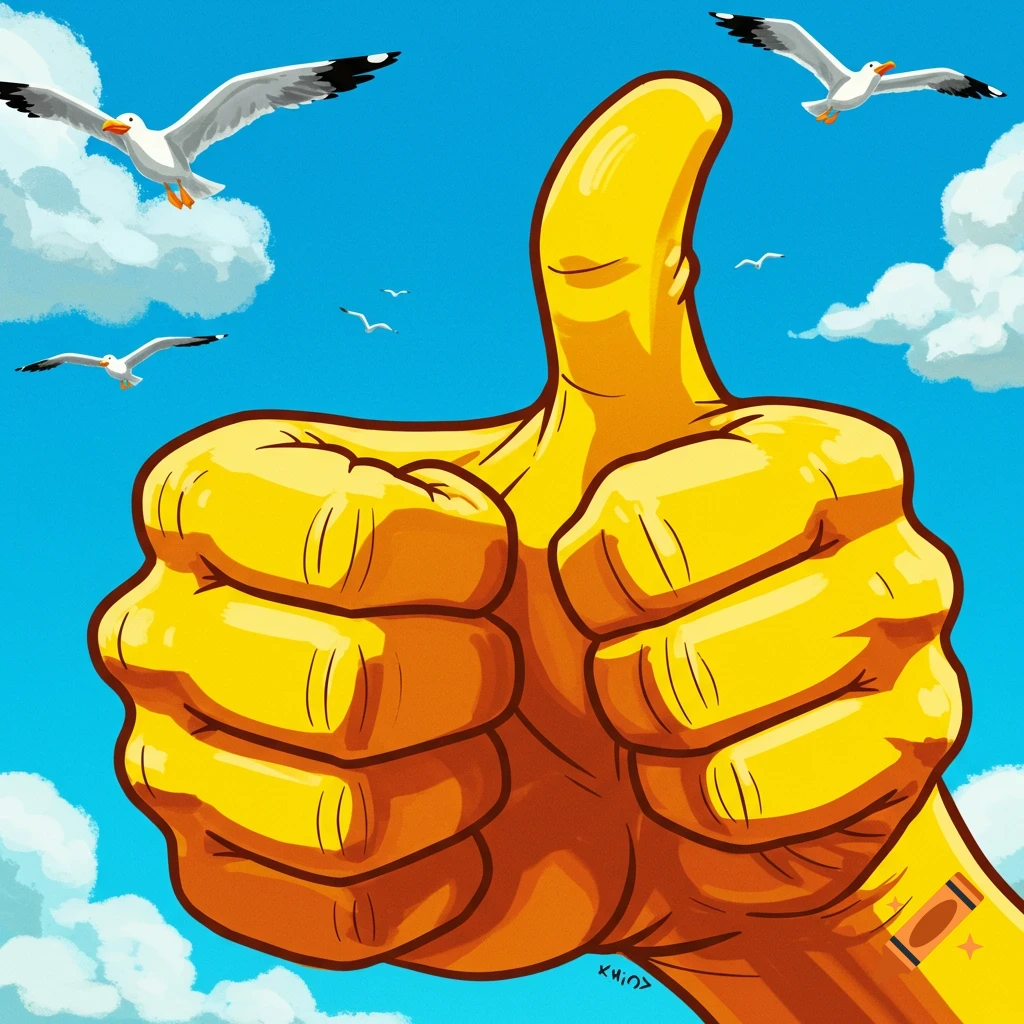 Large yellow cartoon hand giving a thumbs up under a bright blue sky with seagulls flying.