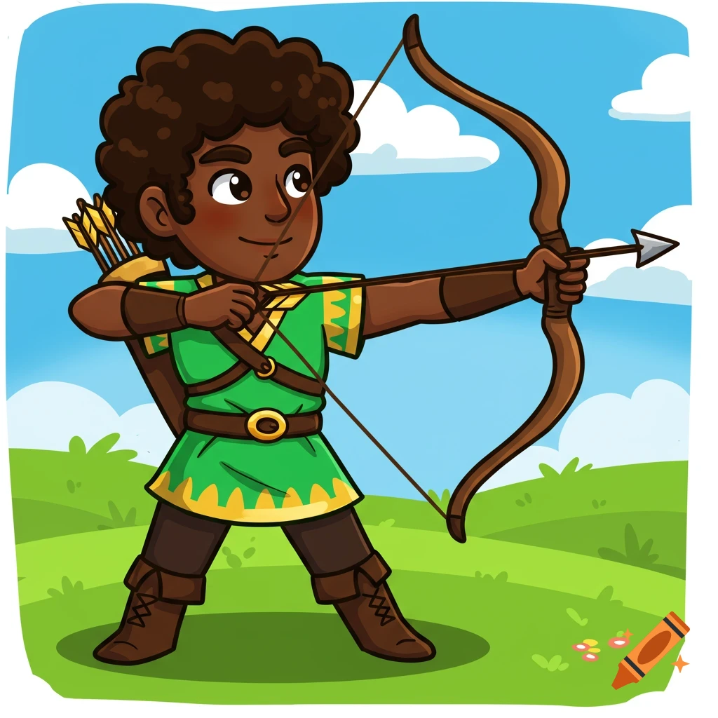 A cartoon illustration of a young archer with a bow and arrow, standing in a field.