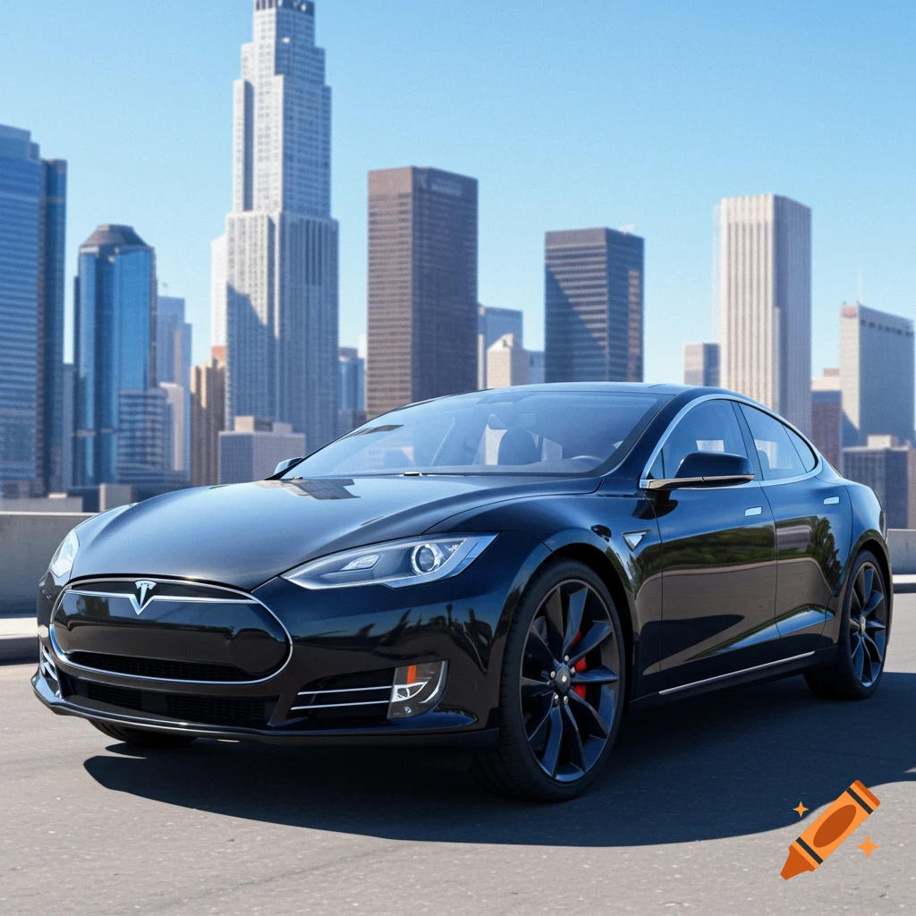 A black Tesla Model S parked on a road with a city skyline in the background.