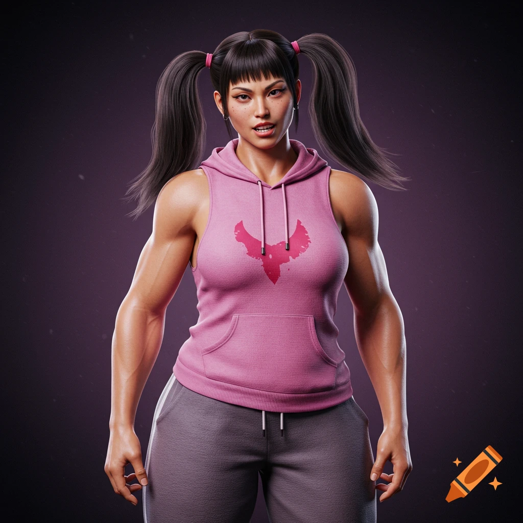 Hyper-realistic portrait of a muscular woman with pigtails and bangs, wearing a pink sleeveless hoodie and grey pants.