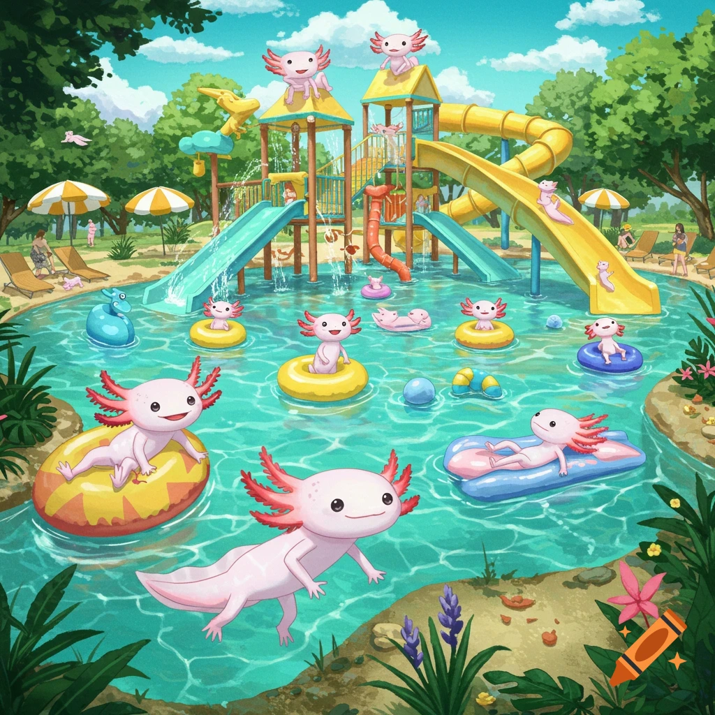 Cartoon axolotls playing in a water park with slides and floats.