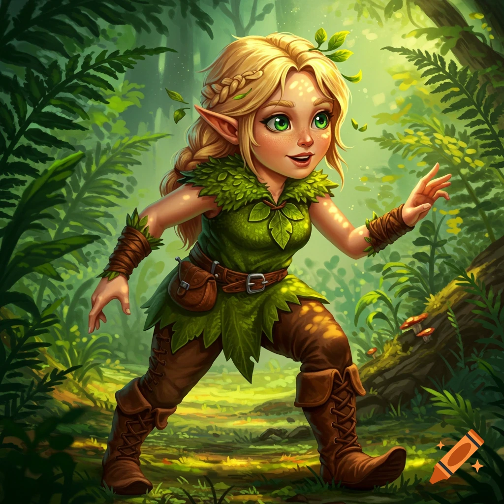 A cute, stylized blonde elf character in a green leaf outfit explores a sunny forest.