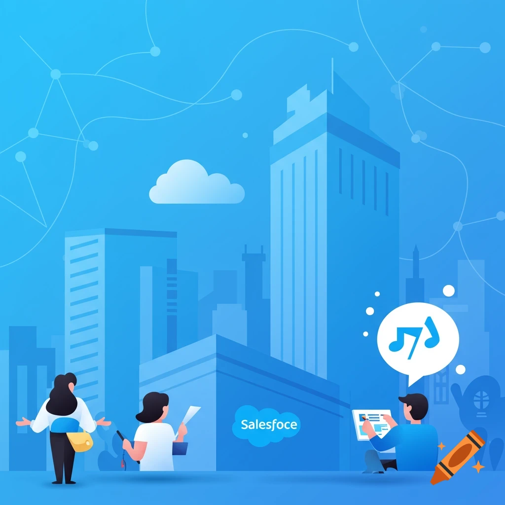 Stylized illustration of people with technology in a city, featuring a cloud with 'Salesfoce' text.
