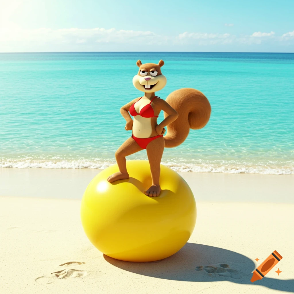 3D render of cartoon squirrel Sandy Cheeks in red bikini posing on a yellow ball on a beach