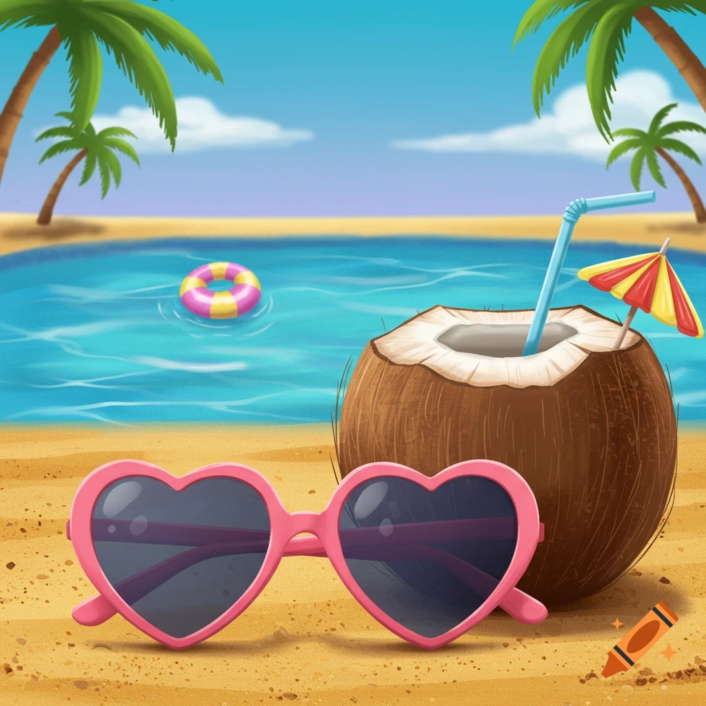 Heart sunglasses and a coconut drink are on a beach with a pool and palm trees.