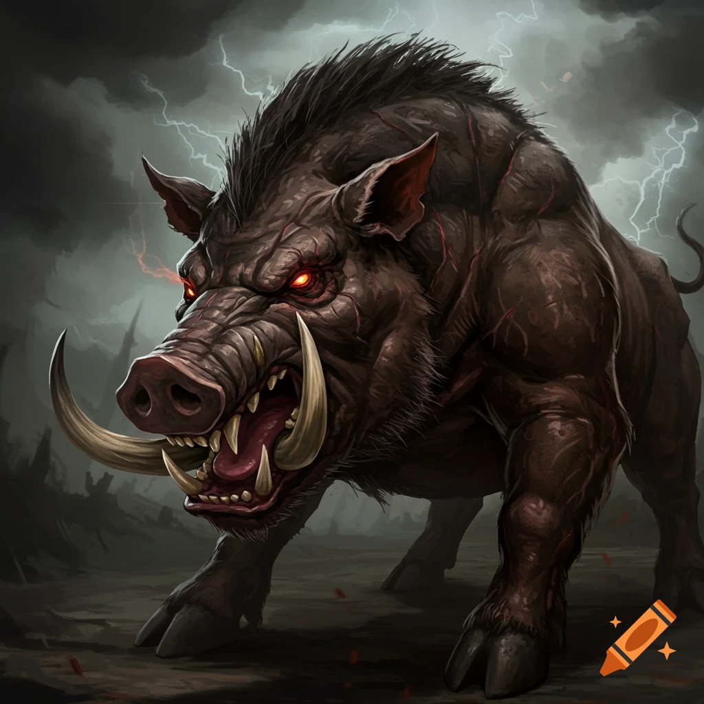 A monstrous dark boar with glowing red eyes and large tusks