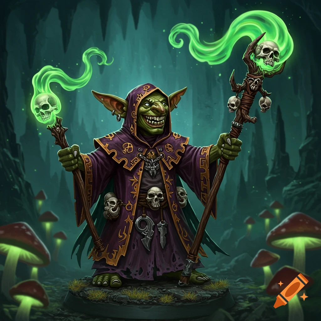 A green goblin necromancer with a big grin, wearing a purple robe, holding skull staves with green smoke in a cave.