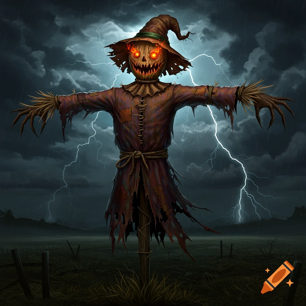 A scary scarecrow with glowing eyes and sharp teeth stands in a field during a lightning storm.