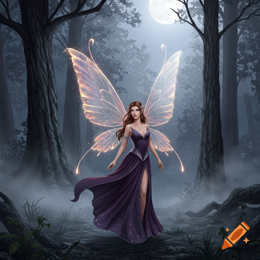 A fairy with glowing wings in a dark forest under the moon.