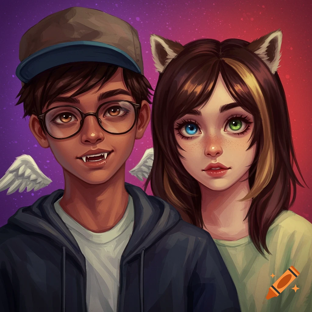 Two young people, one boy with wings and fangs, one girl with cat ears and heterochromia.