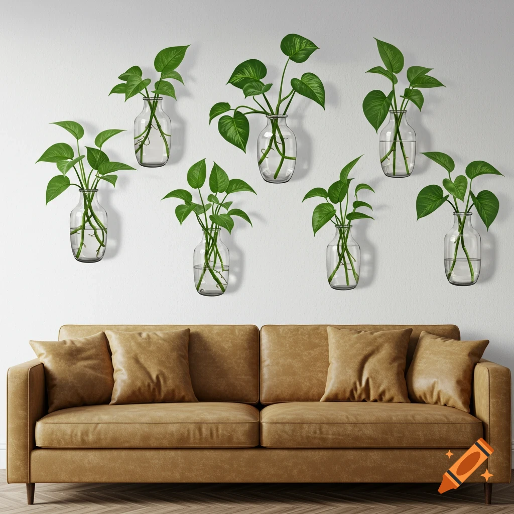 A tan leather couch sits against a white wall decorated with several glass vases containing pothos plants and water.