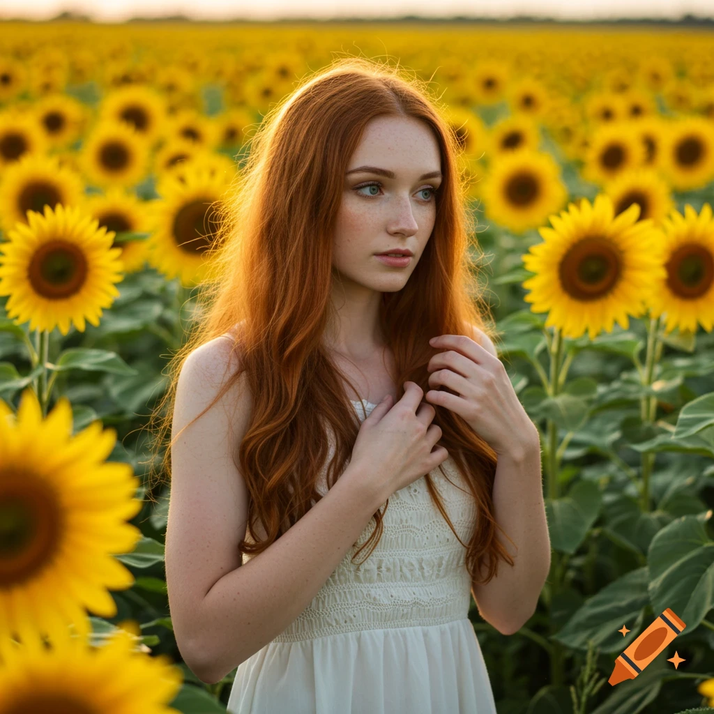 A woman with red hair and a white dress in a field of sunflowers at sunset.
