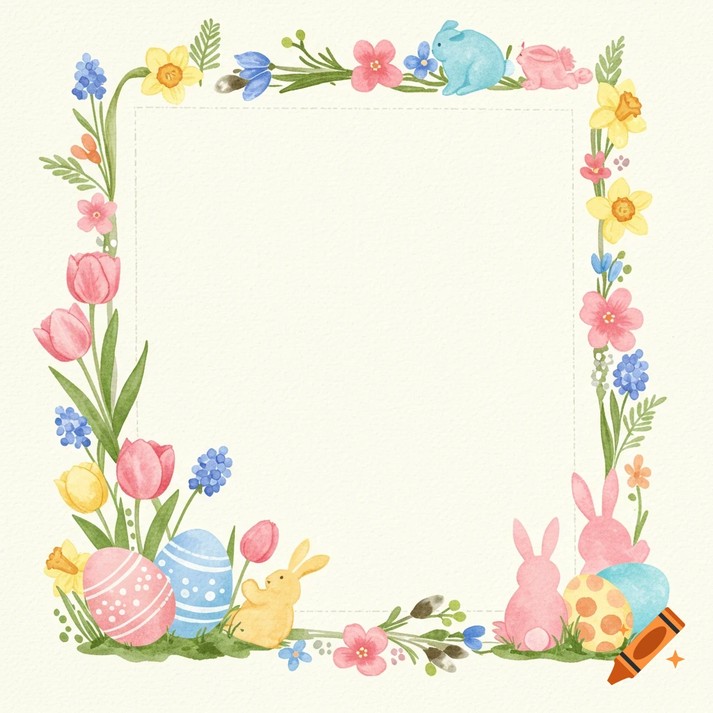 Watercolor Easter border with flowers, bunnies, and decorated eggs