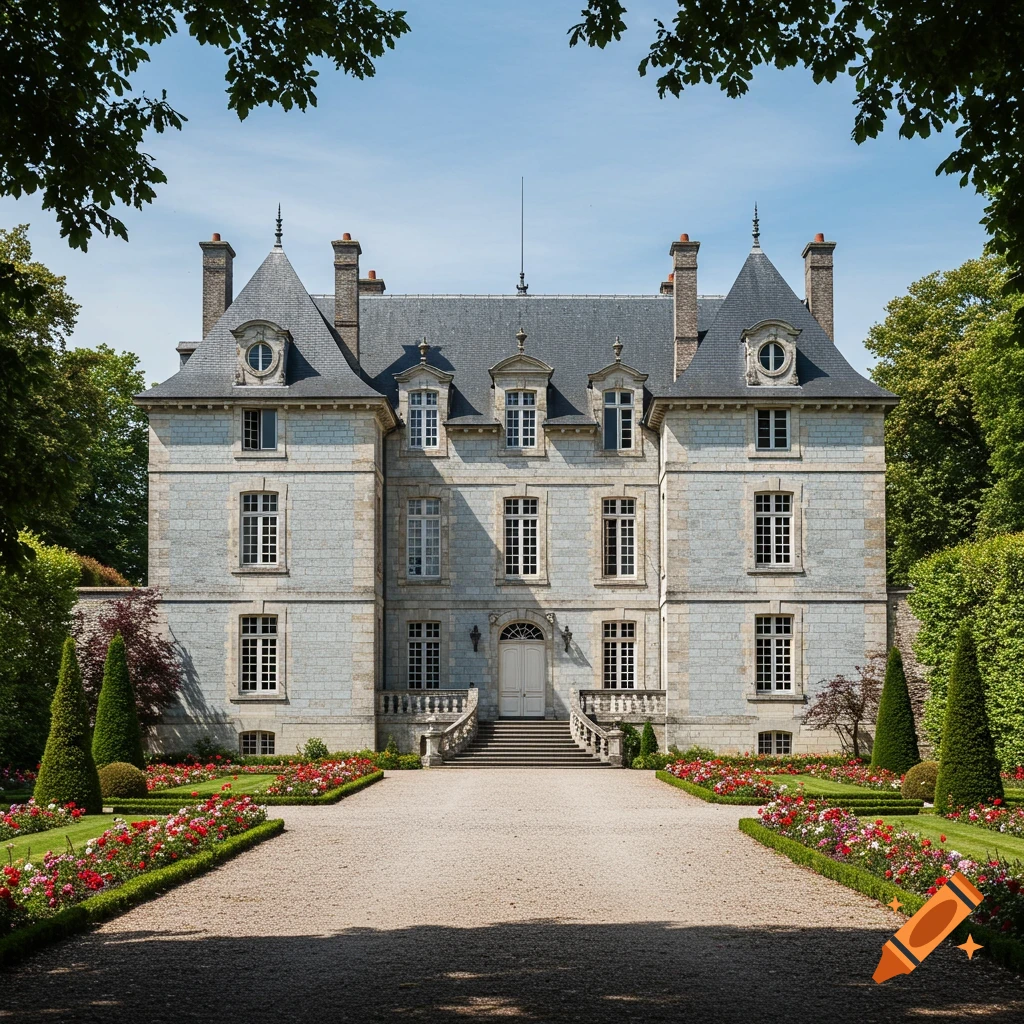 A symmetrical French chateau with gardens and trees on a sunny day.