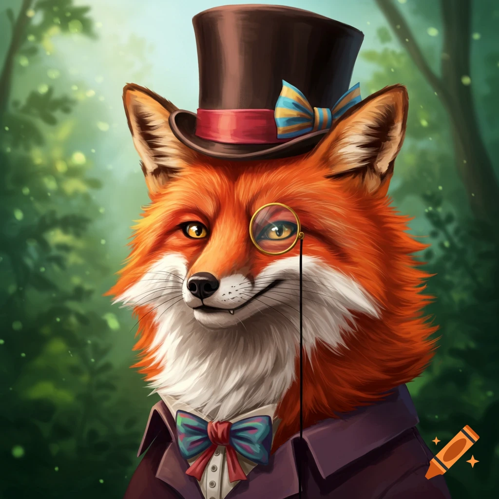 Illustration of a fox wearing a top hat, monocle, bow tie, and suit jacket in a forest.