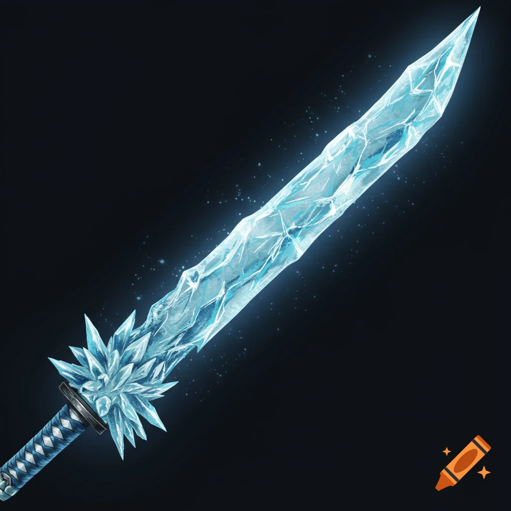 A glowing ice sword on a dark background.