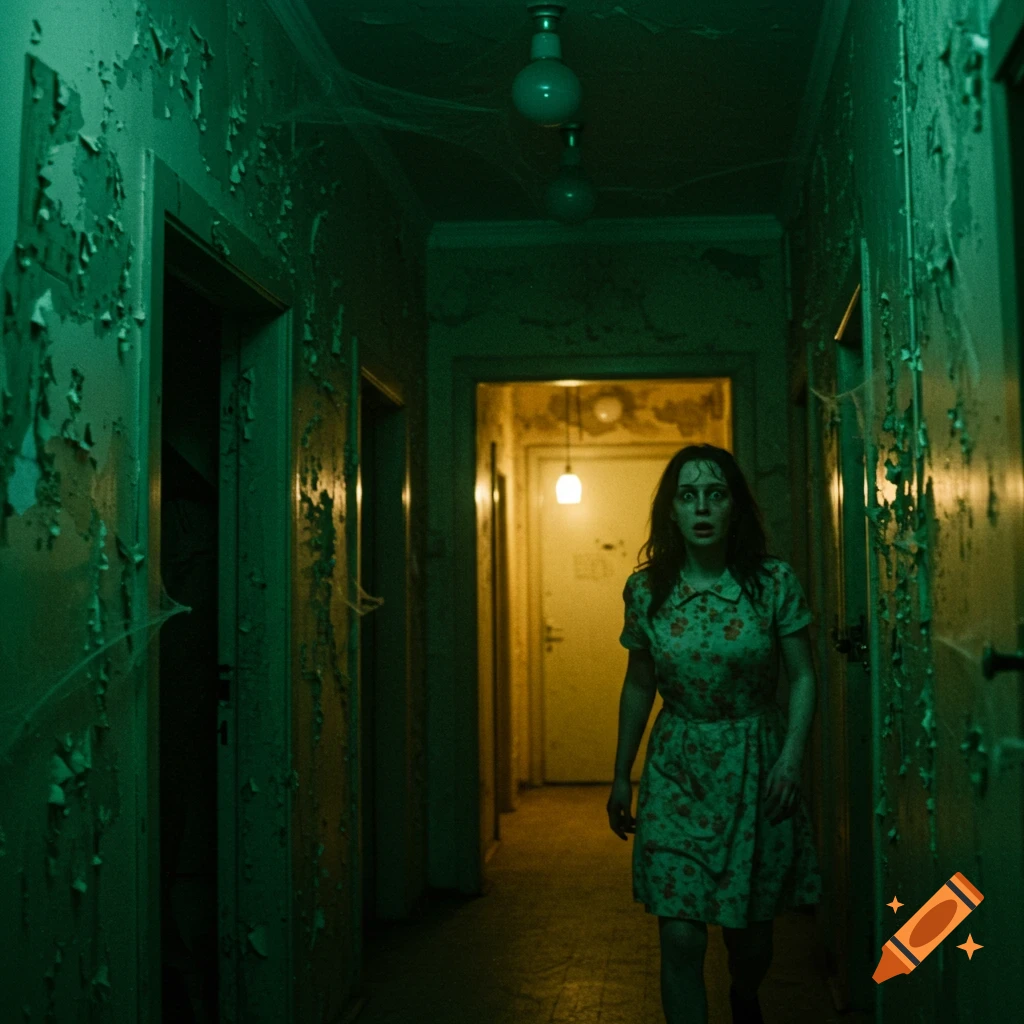 A scared woman in a floral dress walks down a creepy, dilapidated green hallway.