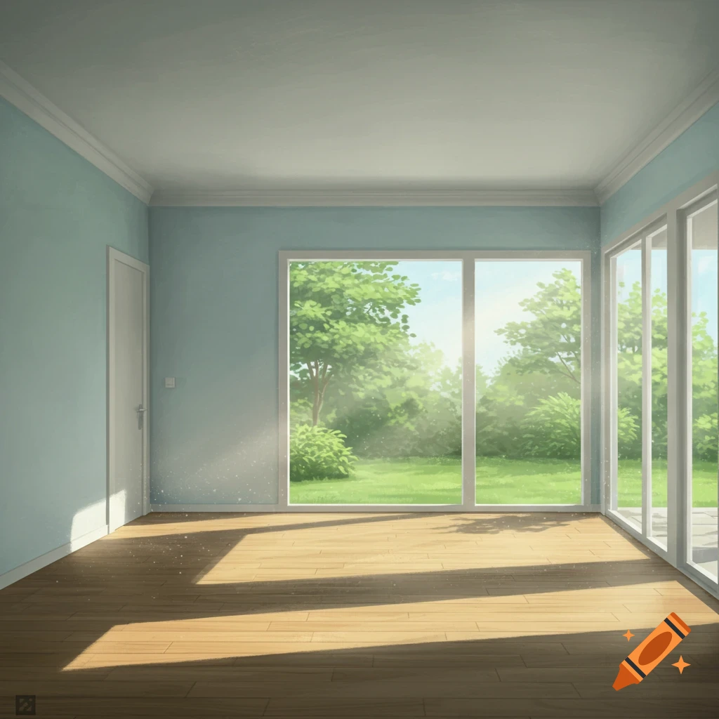Empty room with wood floor and light blue walls, featuring a large window overlooking a sunny green garden.