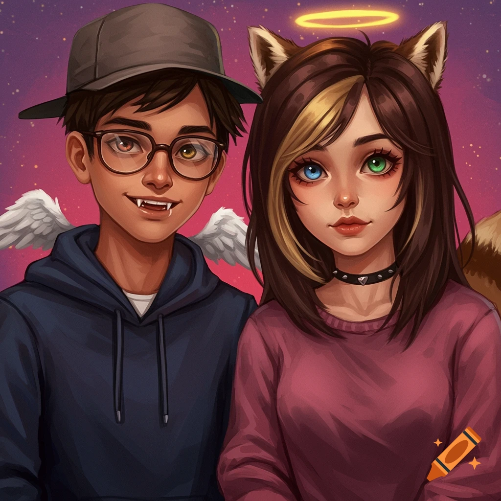 Digital portrait of a boy with glasses, fangs, and small wings standing next to a girl with heterochromia, fox ears, and a halo.