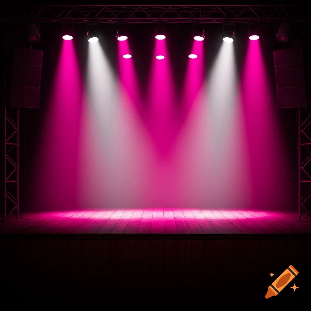 An empty stage is lit by bright pink and white spotlights.