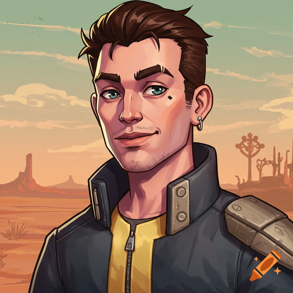 A man in a yellow shirt and dark jacket with armor in a desert wasteland.