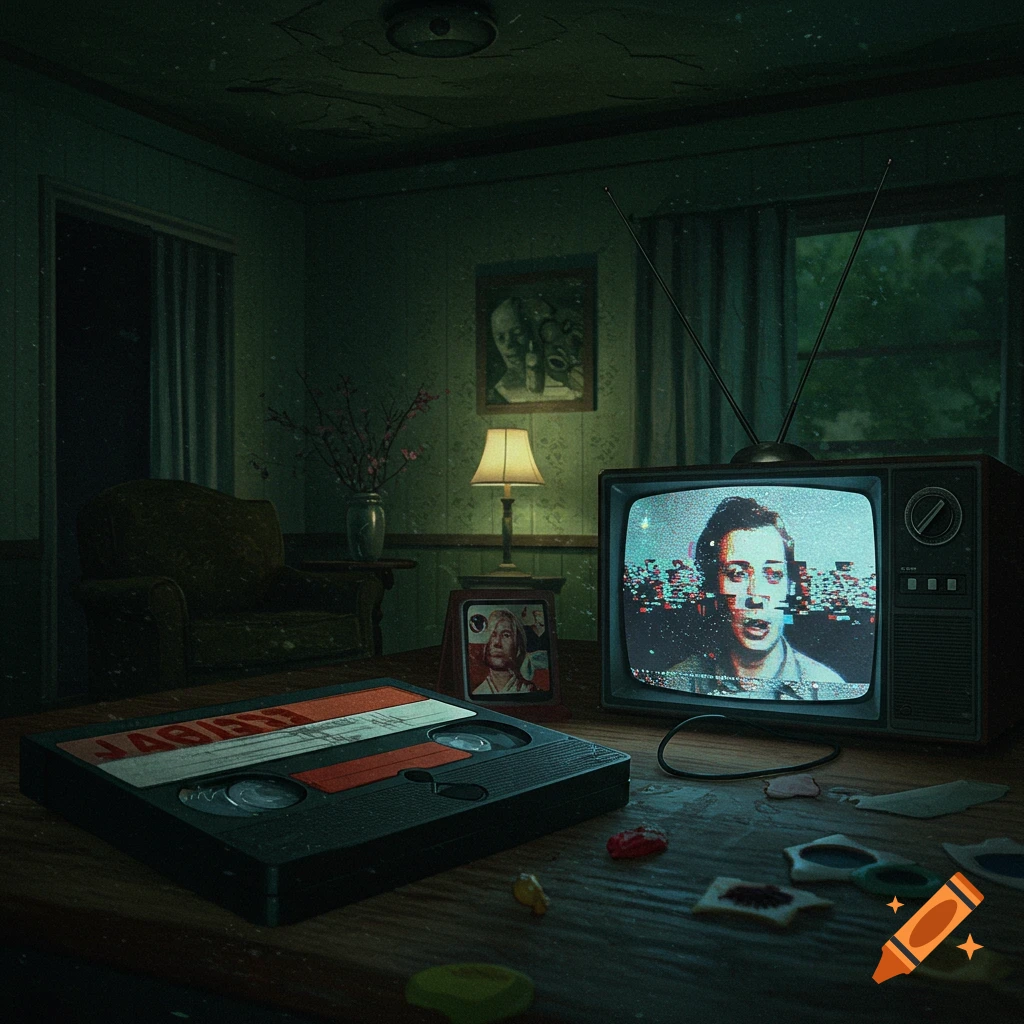 A dark room with a glitchy old TV screen showing a distorted face, a VHS tape, and scattered items on a table. Analog horror style.