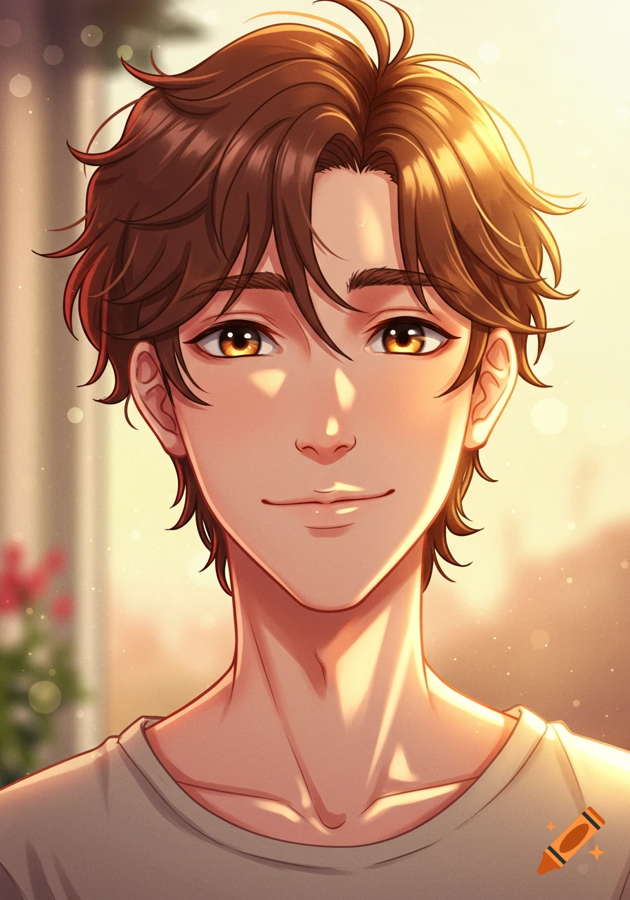 Close-up anime portrait of a young man smiling in warm sunlight.