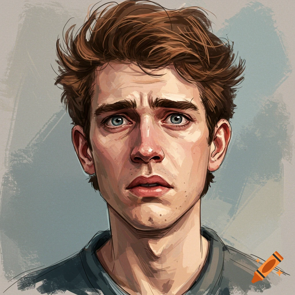 Portrait of a confused young man with messy brown hair.