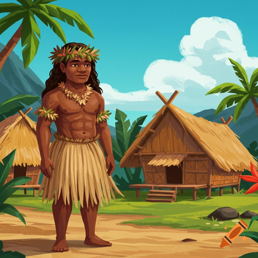 A man in a grass skirt is standing in a tropical village.