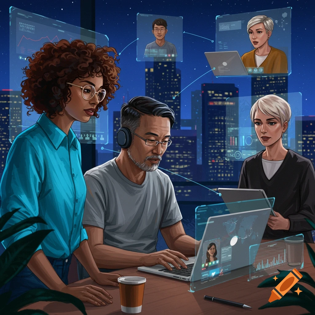 Remote team collaboration with glowing tech interfaces in a city at night.