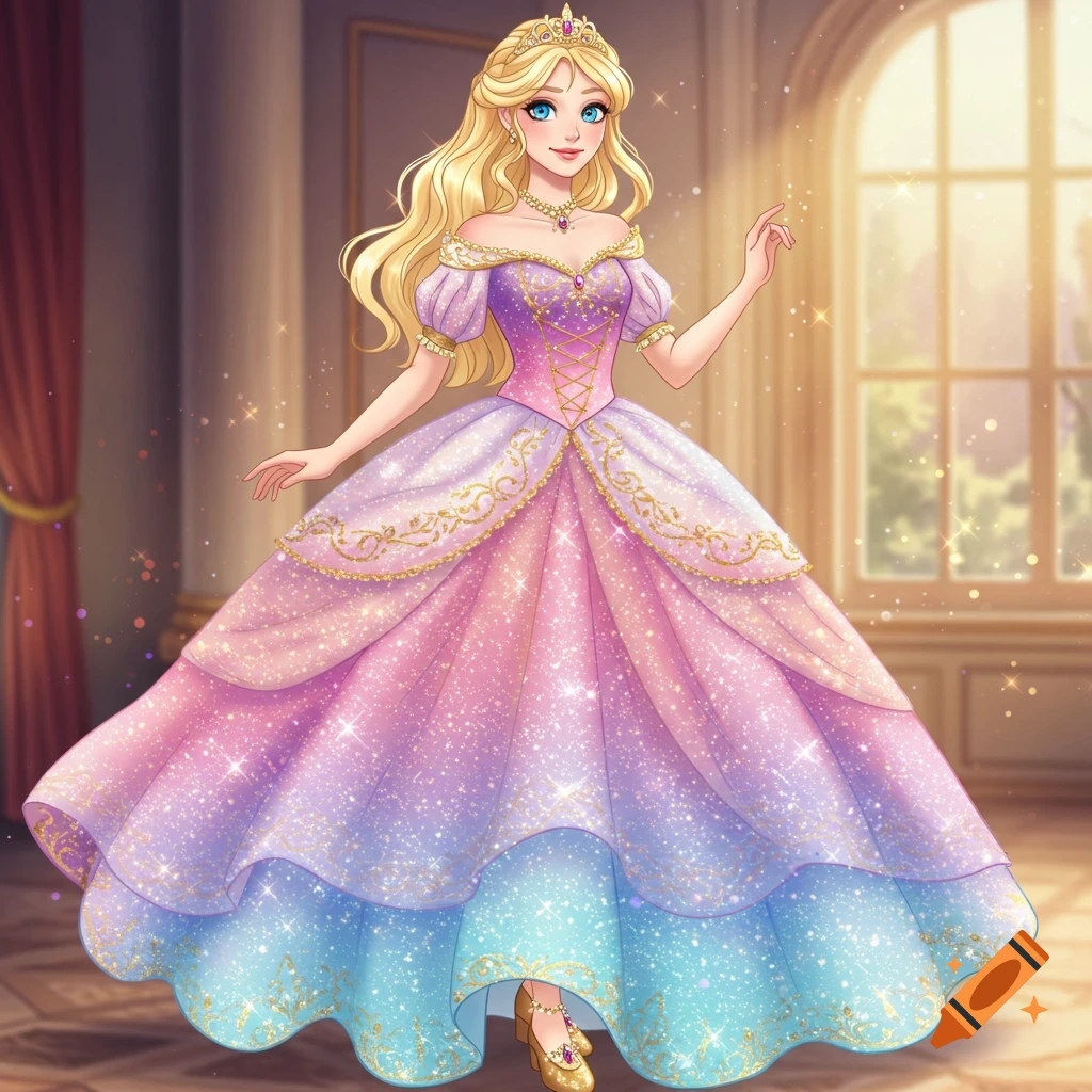 Digital illustration of a blonde princess in a sparkly pink, purple, and blue dress.