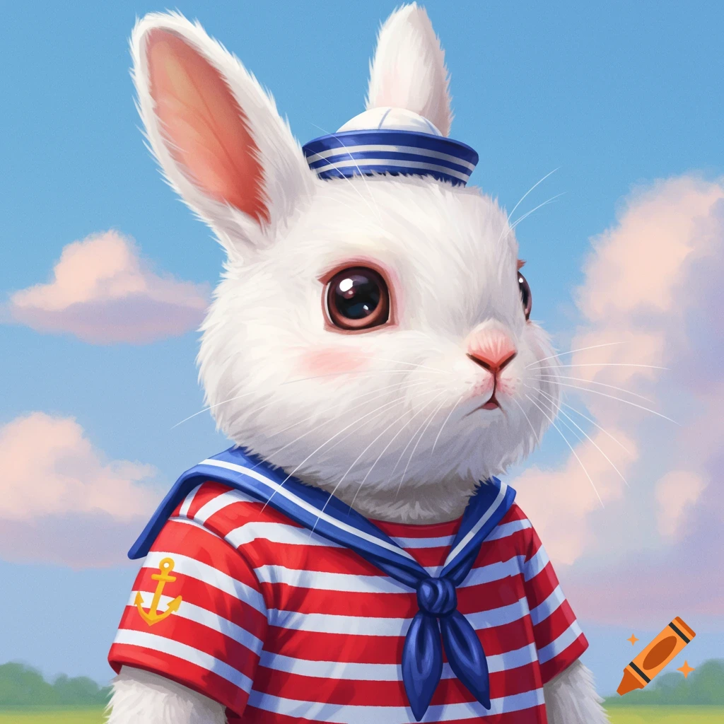 A white rabbit wearing a sailor shirt and hat.