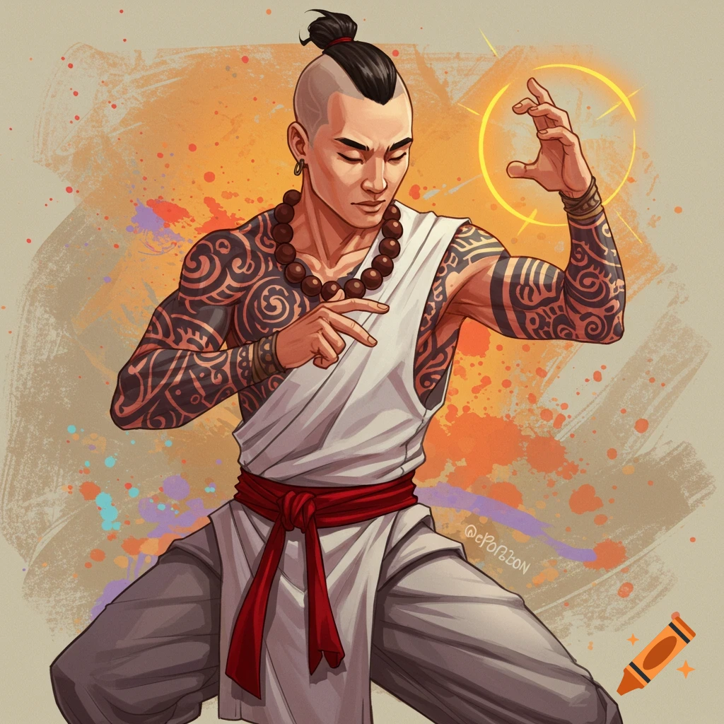 A male monk with elaborate tattoos, prayer beads, and a red sash, in a martial arts stance.