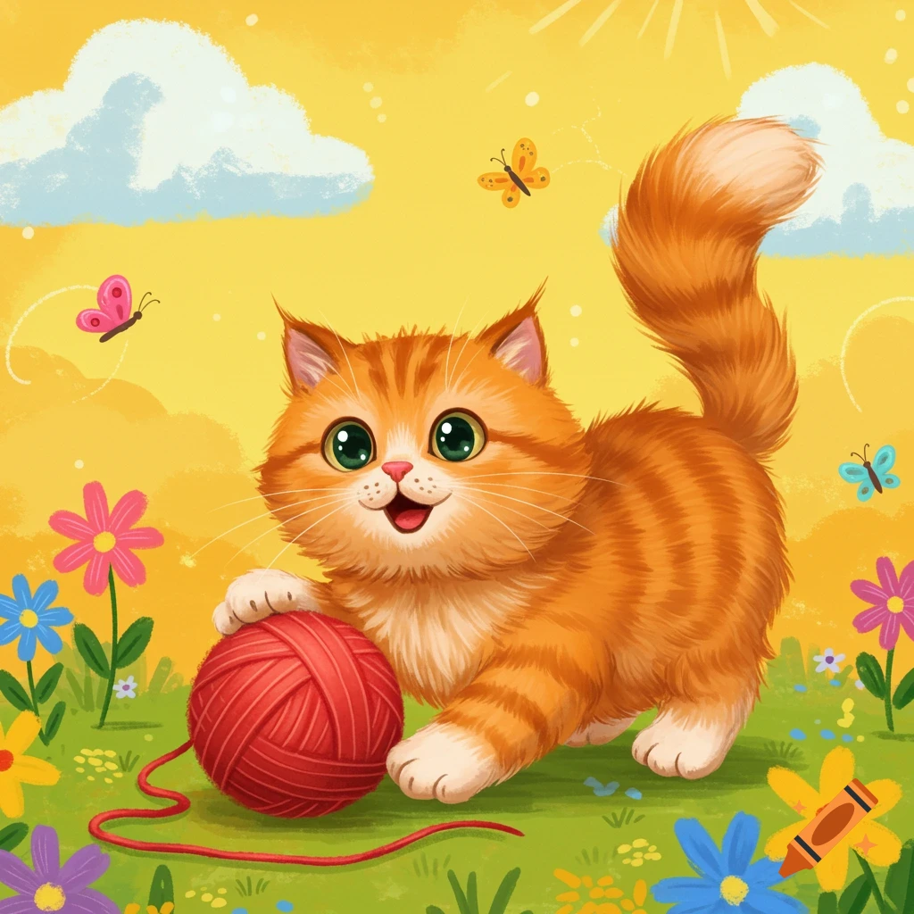 A fluffy orange tabby cat plays with a red yarn ball in a sunny field of colorful flowers and butterflies, in a whimsical cartoon style.