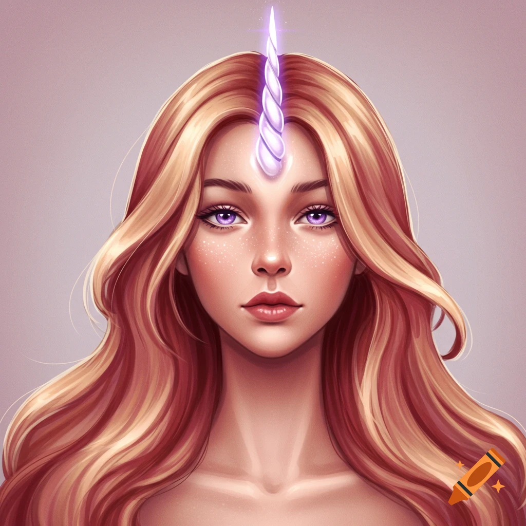 A woman with strawberry blonde hair, purple eyes, and a unicorn horn on her forehead.