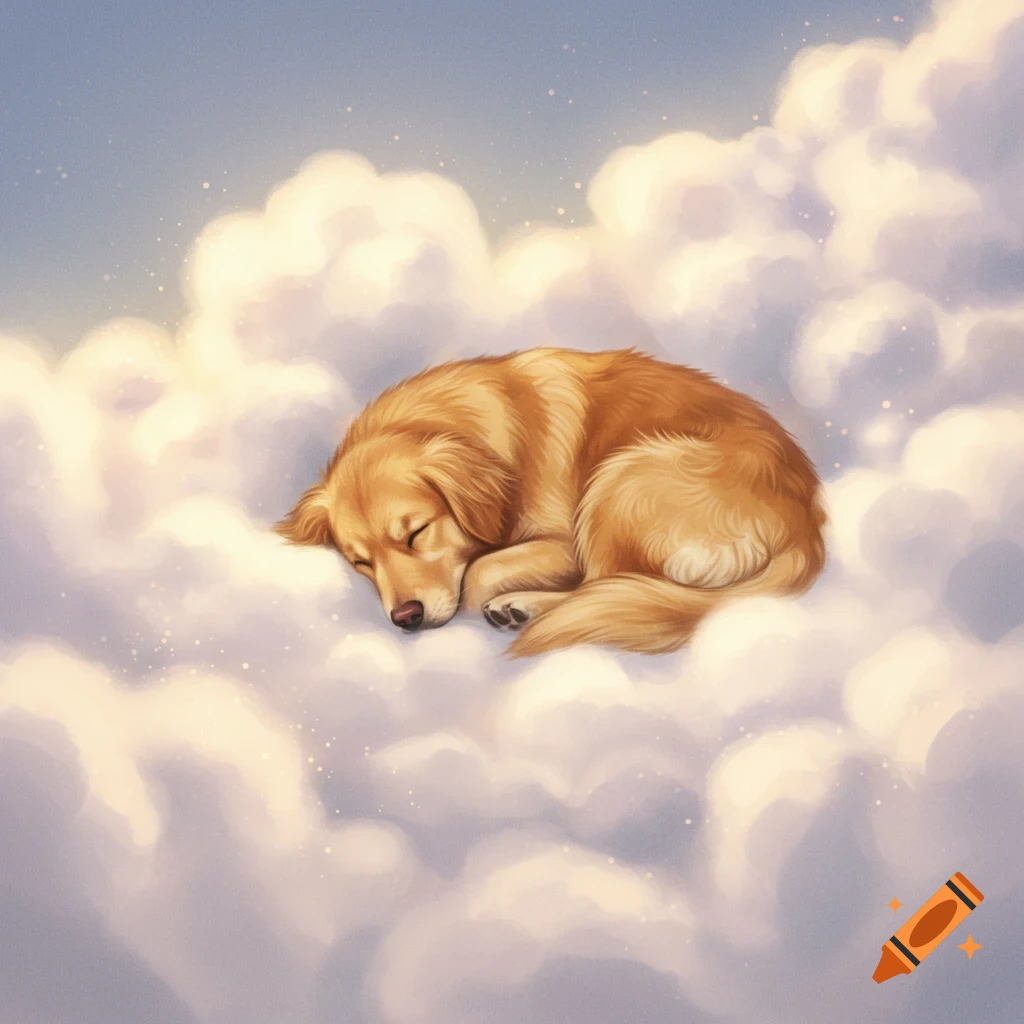 A golden retriever dog is sleeping curled up on fluffy white clouds in a starry sky.