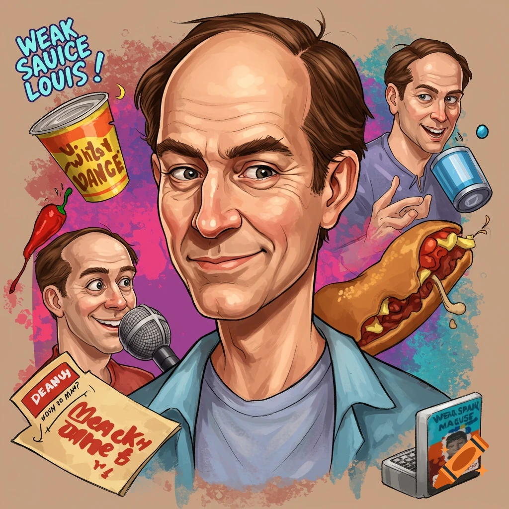 Cartoon style digital illustration of a man with various food and objects, including text 'WEAK SAUCE LOUIS!'.