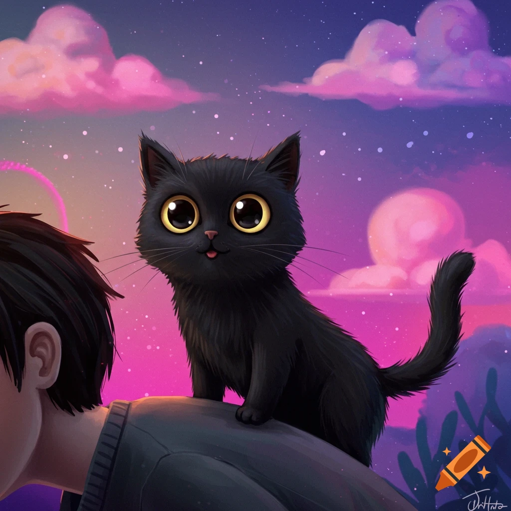 Cute black cartoon cat with big eyes sits on a person's back against a vibrant pink and purple sky with stars.