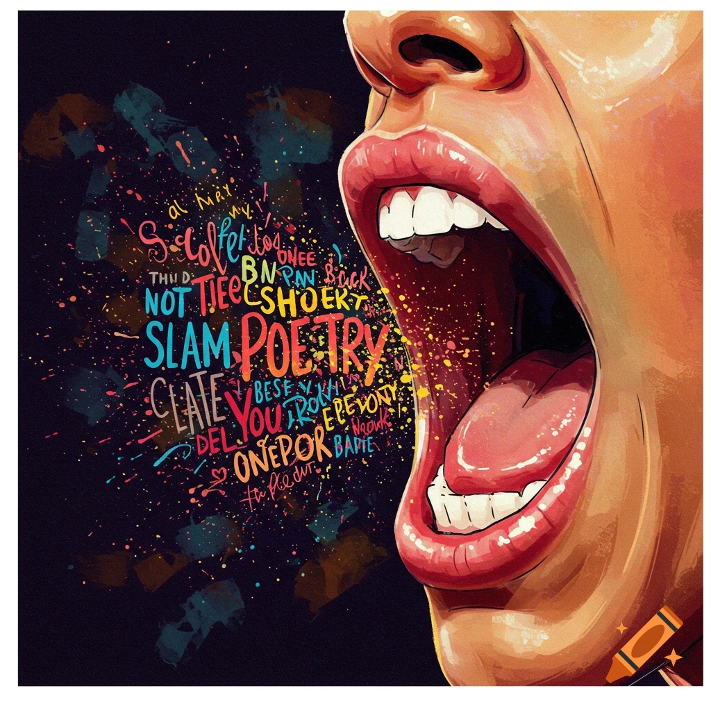 A mouth shouts, surrounded by abstract text and colorful paint splatters.