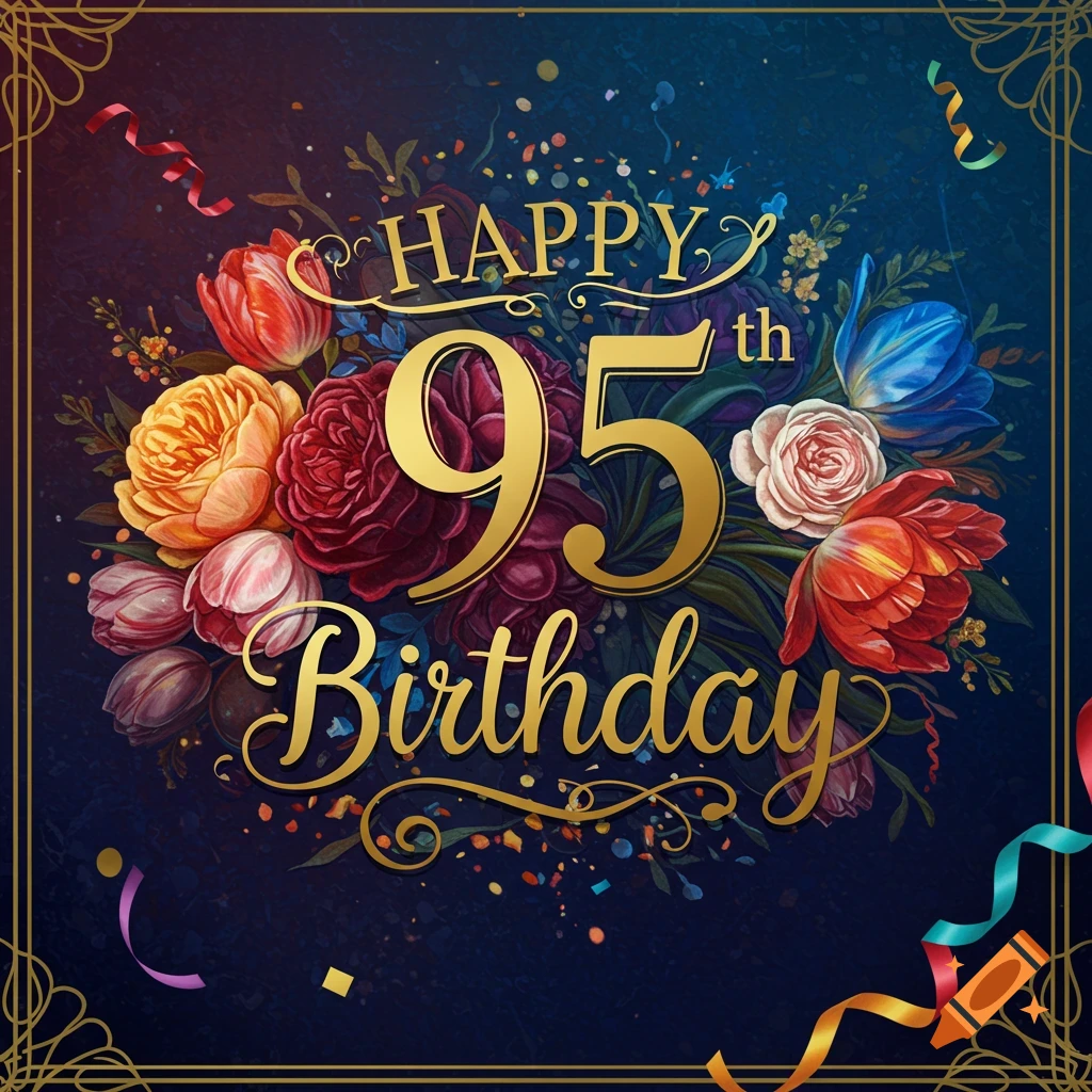 A Happy 95th Birthday card with flowers and confetti.