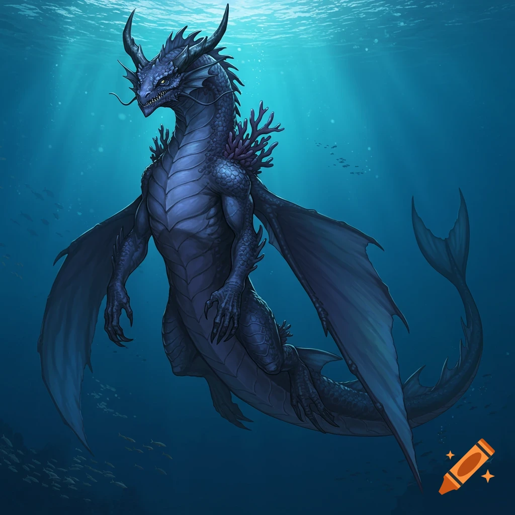 A dark blue dragon-like leviathan creature swims in a deep blue ocean.