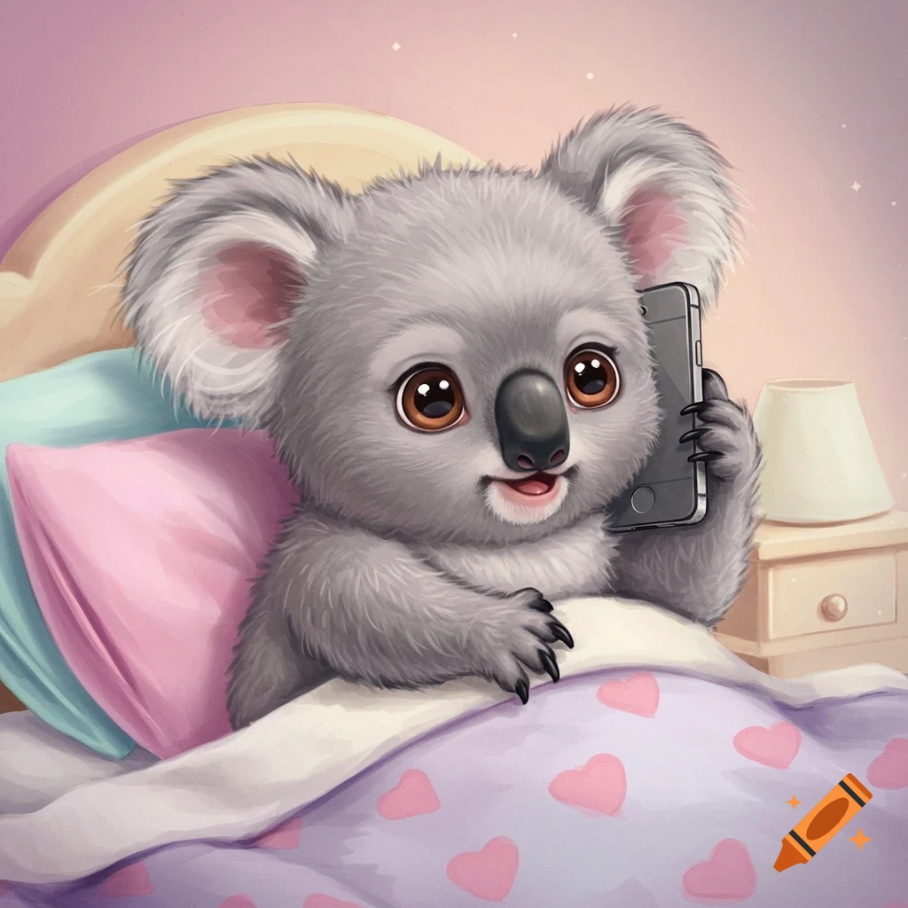 A cute cartoon koala in bed talks on a big phone.