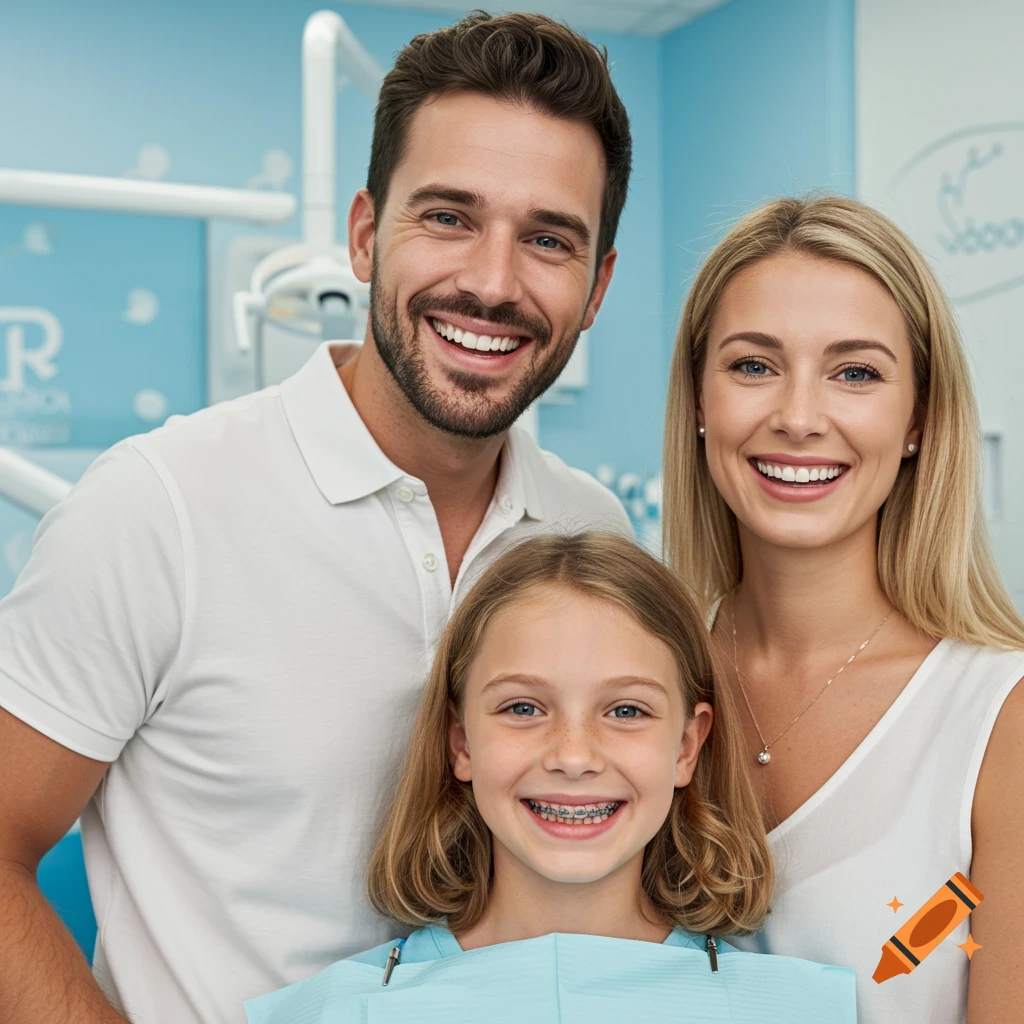 A smiling family, including a girl with braces, in a bright dental clinic. Photorealistic.