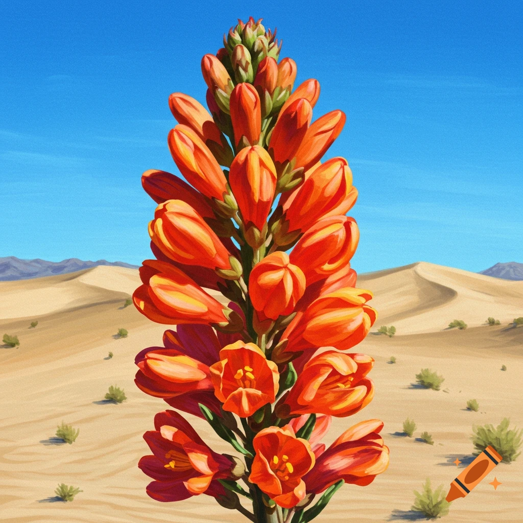 Orange desert flowers against sand dunes and blue sky.