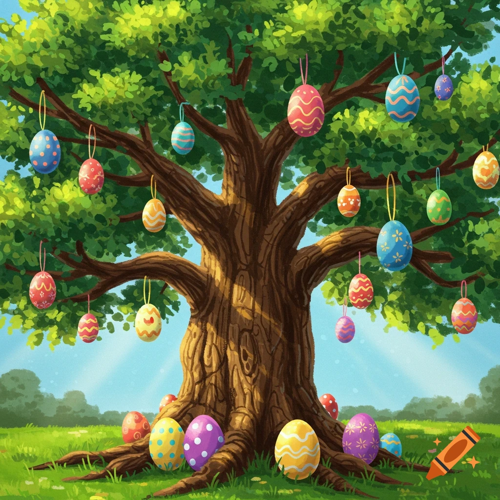A large tree decorated with colorful Easter eggs hanging from branches and sitting on the grass in a sunny field.