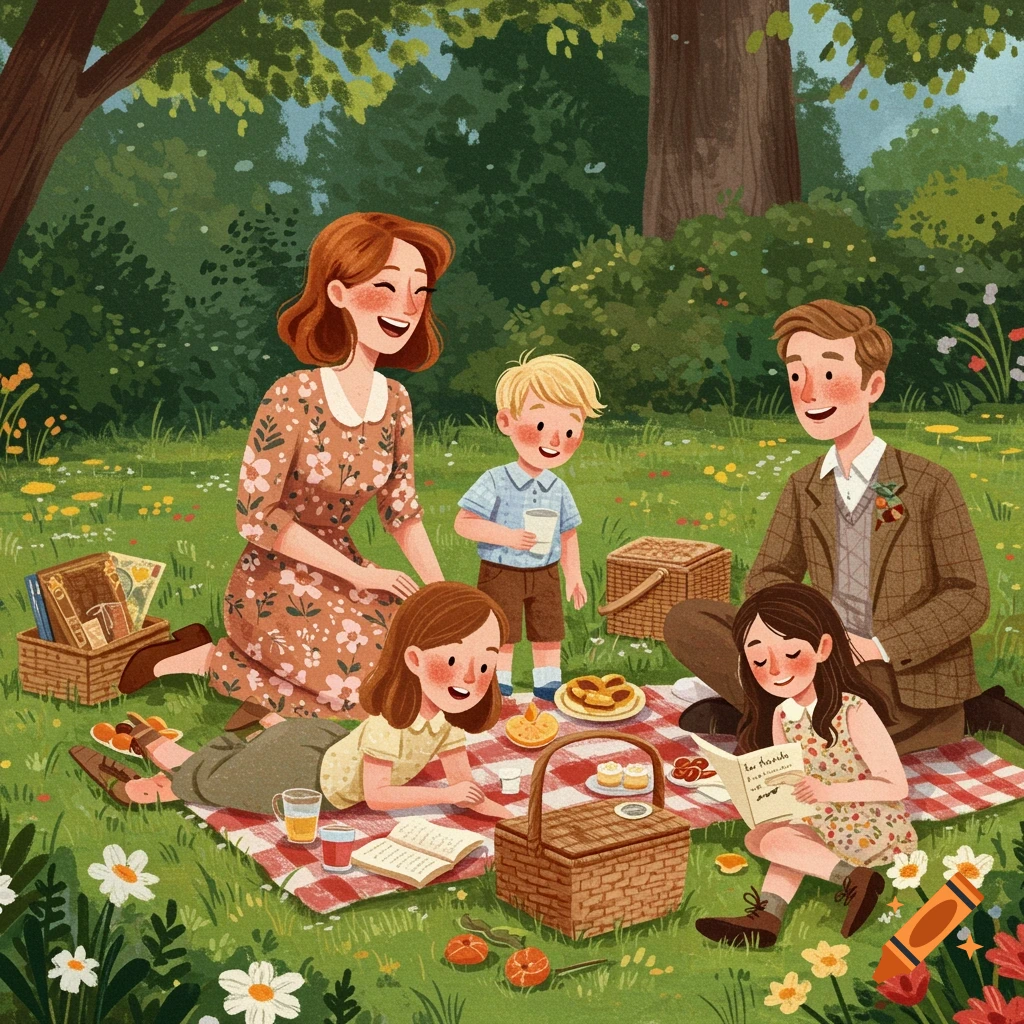 An illustration of a British family having a picnic in a park.